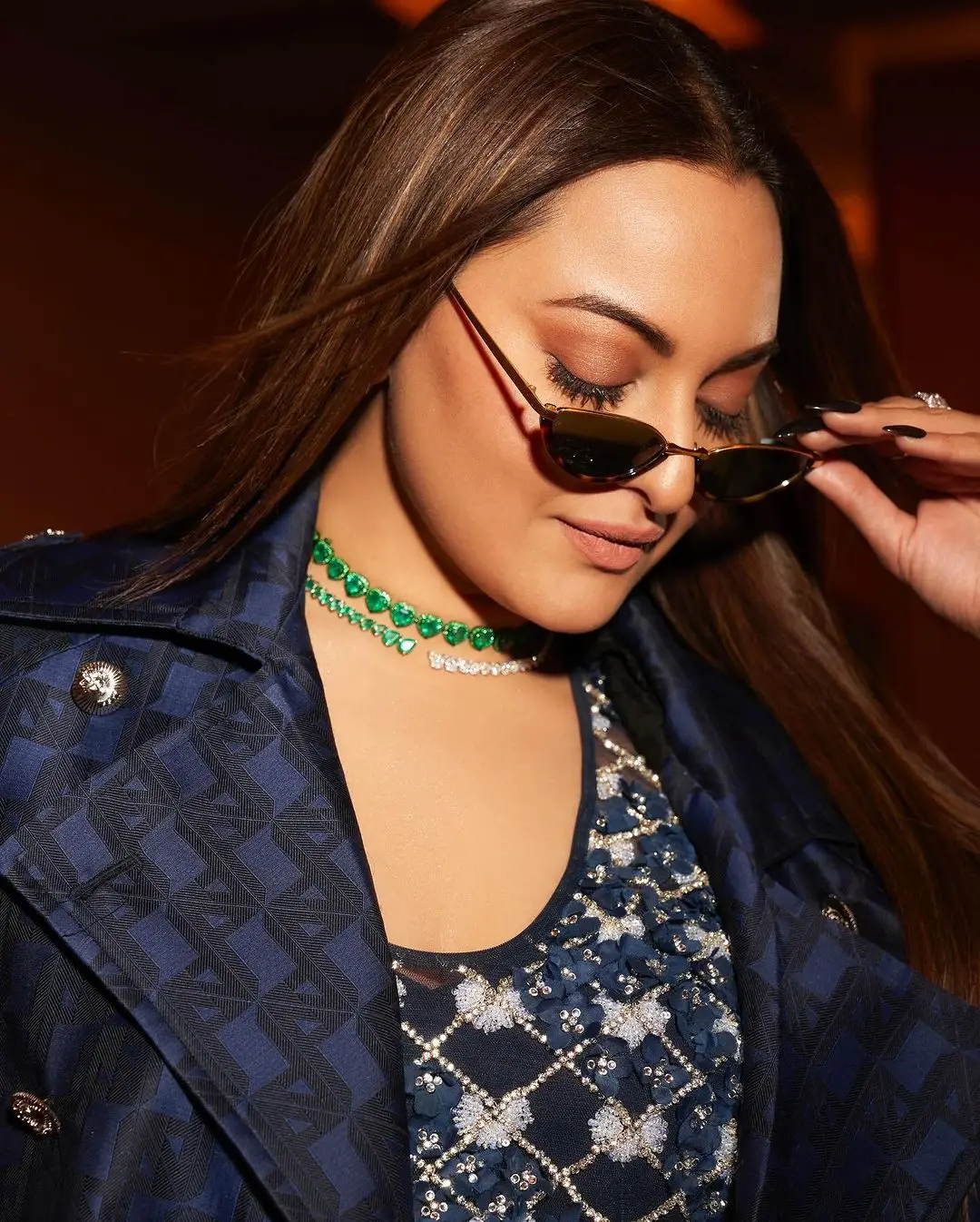 SONAKSHI SINHA WEARING BEAUTIFUL EARRINGS JEWELLERY BLUE COAT PANT